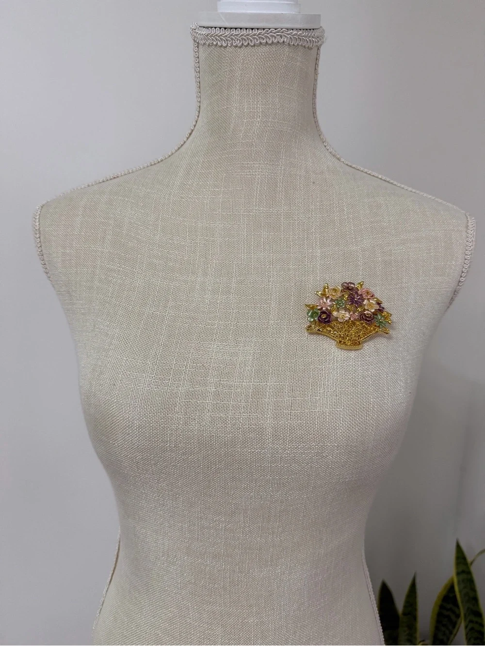 Vintage Flower Basket Brooch Pin Gold Toned